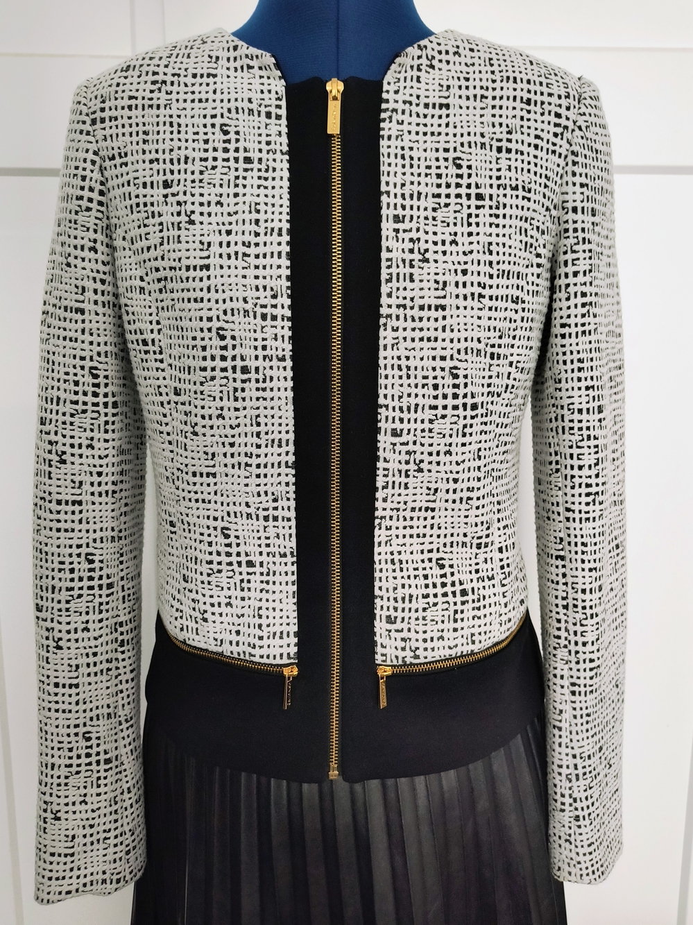 Calvin Klein Black & White Textured Zip Jacket with Gold Hardware